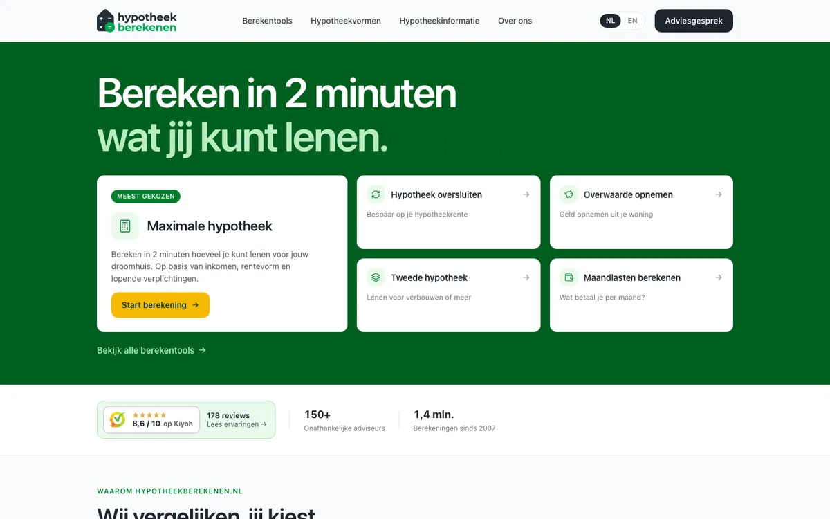 Homepage van Hypotheekberekenen.nl